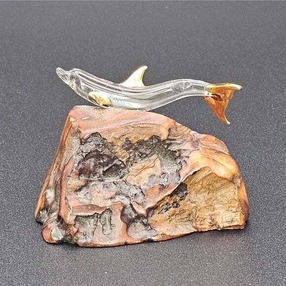 Raw Natural Wood Clear Glass Dolphin Figurine GoldTone Tip Finish 1.5" VTG Décor - Picture 13 of 16